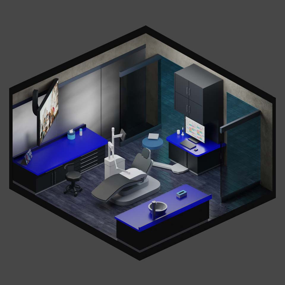 An isometric view of a dental room.