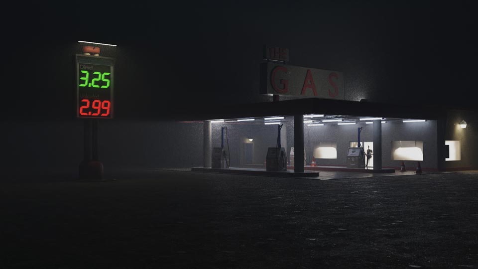 A dark render of a gas station in the middle of nowhere at night.