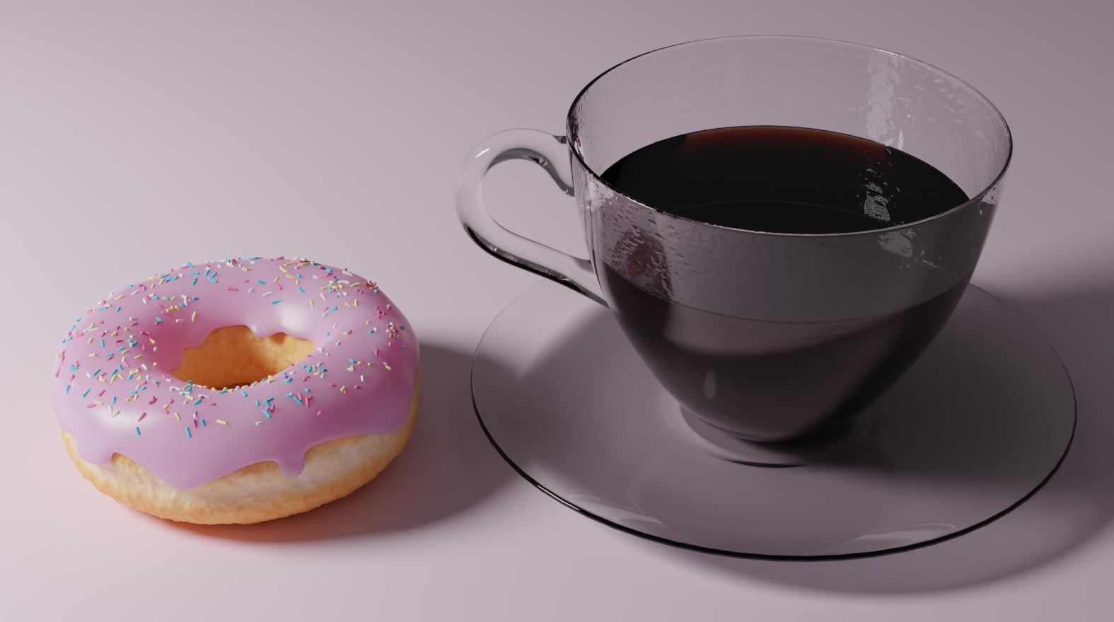 A 3d render of a donut with pink icing next to a glass cup with coffee on a light pink background.