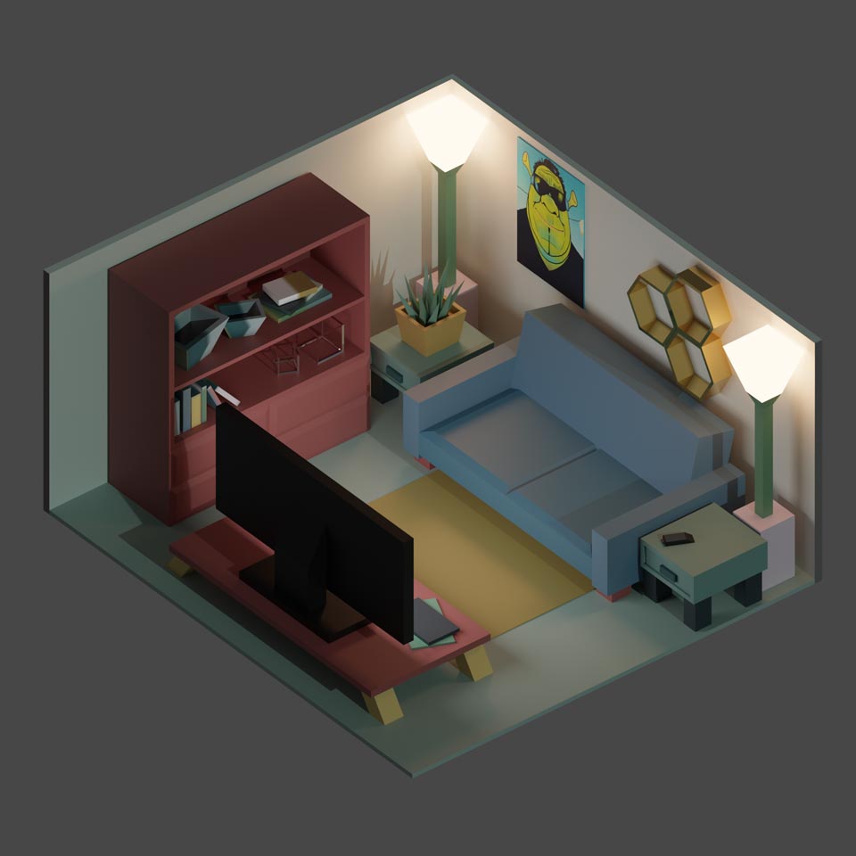A cozy isometric living room scene.