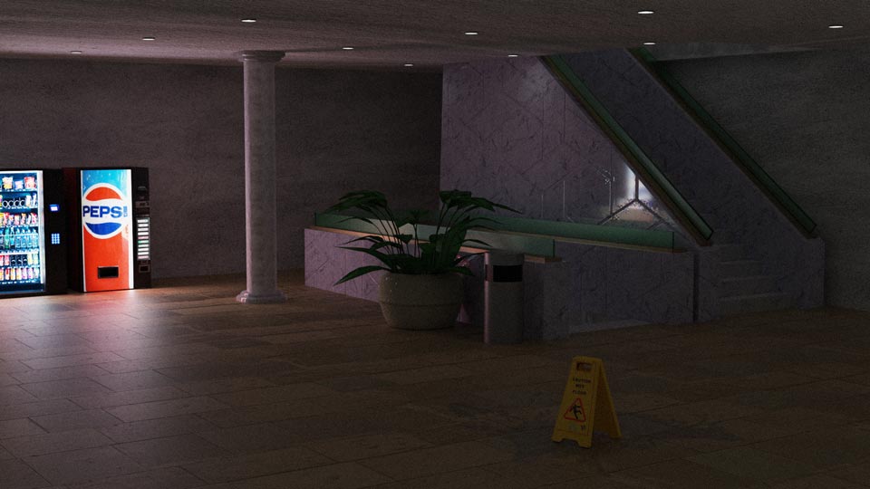 An atmospheric 3d render of a mall at night, lite only by the lights of a couple vending machines.
