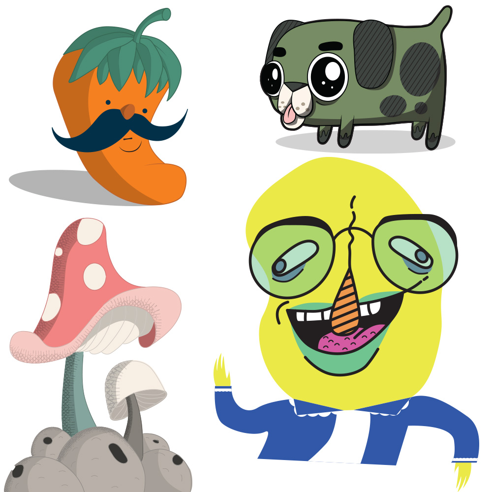 A collection of illustrations including: a habanero, a pug, some mushrooms and a goofy looking man.