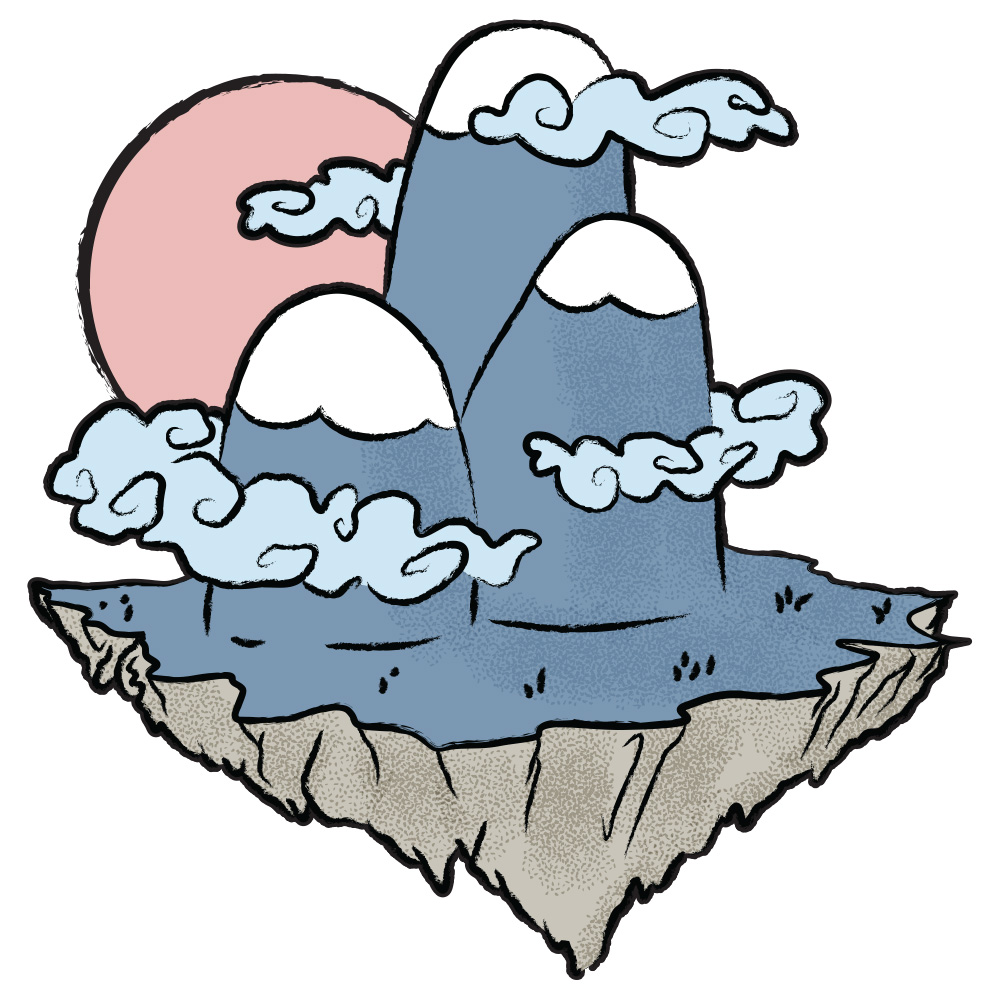 An illustration of a floating island with mountains.