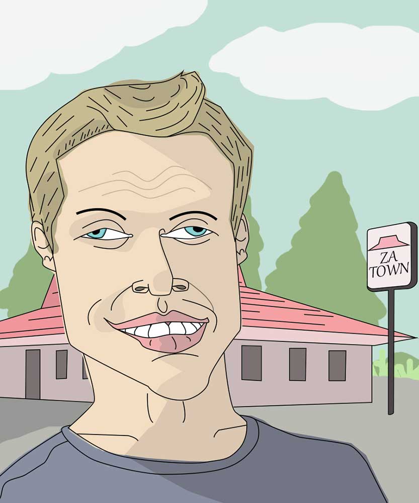 Illustration of a man hanging outside of a pizza store.