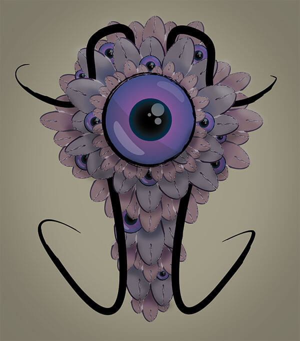Illustration of a feathered monster with multiple eyes and tentacles.
