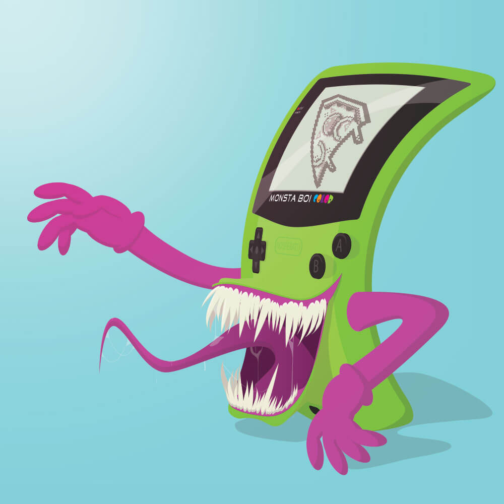 Illustration of a hand-held gaming device that is part monster.