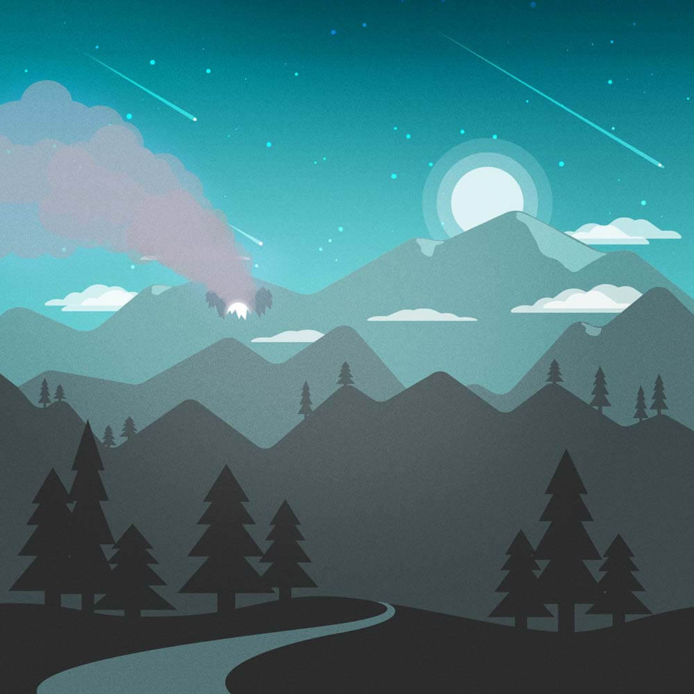 Illustration of a shooting star landing on a distant mountain.