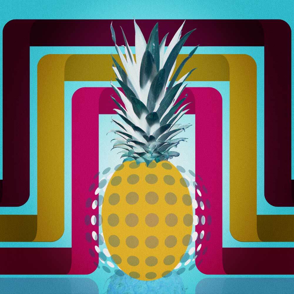 Illustration of an abstract pineapple with ribbons in the background.