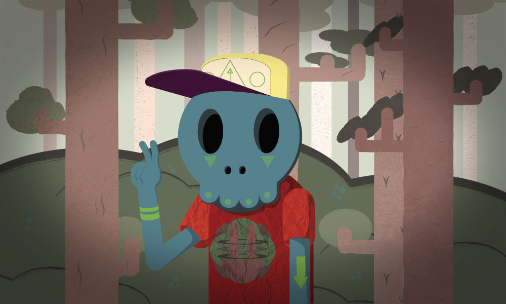 Illustration of a skull cartoon character giving the peace sign in the woods.