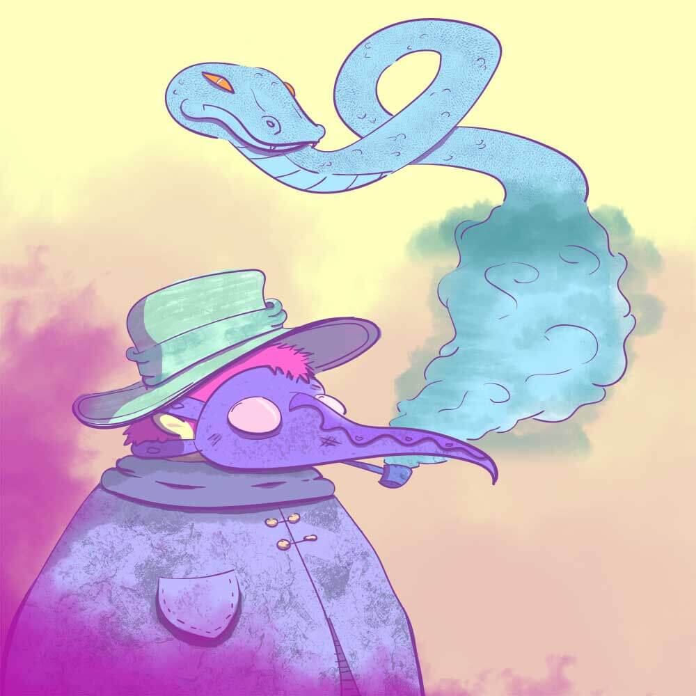 Illustration of a plauge doctor smoking a pipe and making a vape snake.