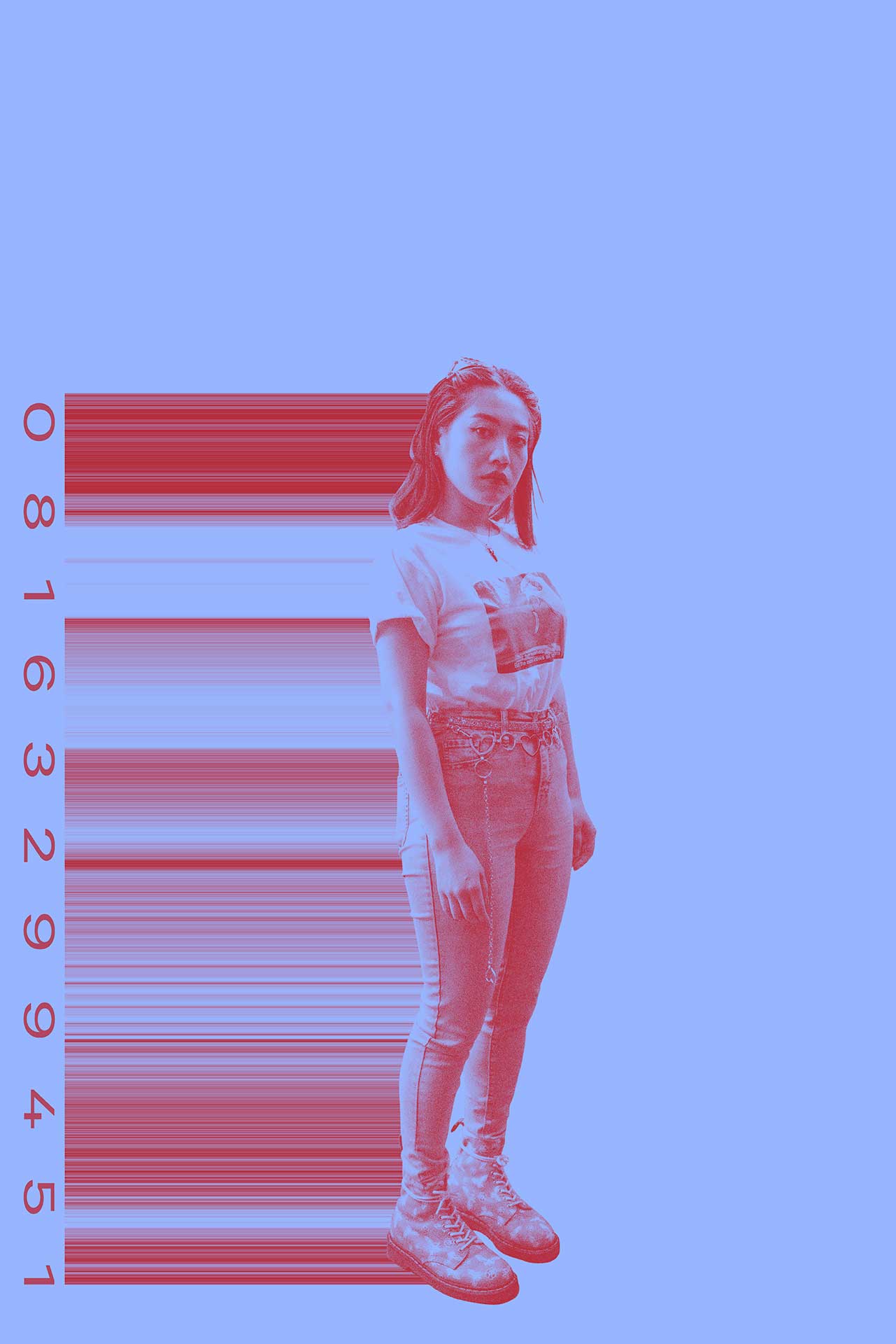 Two tone photo of a woman with a bar code coming out of her.