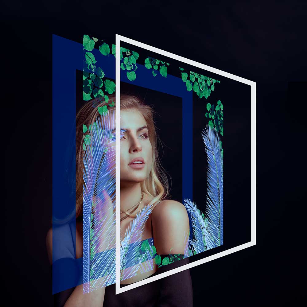 A model looking out of several stylized frames floating in front of her.