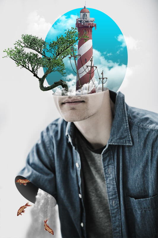 Abstract photo of a man with a tree, light house and telephone poles coming out of his head.