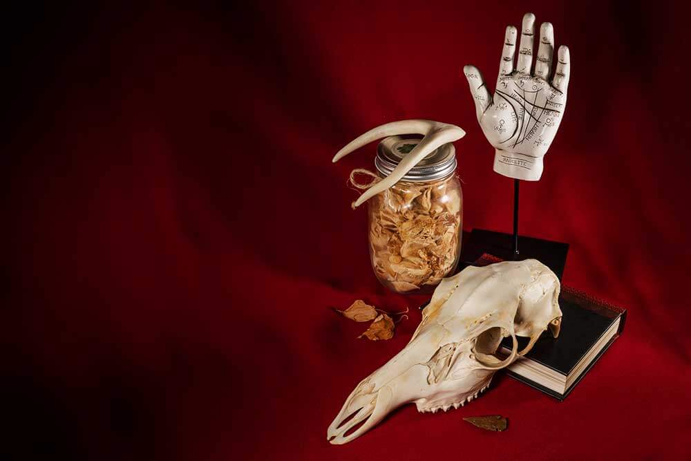 Several items, including a dear skull and a jar of rose petals, laid out on a dark red fabric.