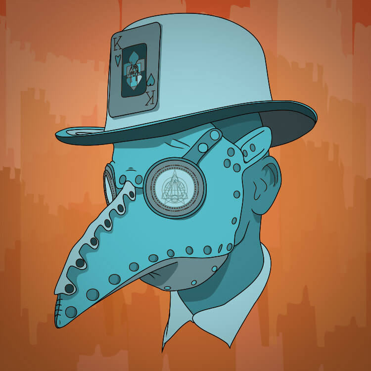 Illustration of a blue man wearing a plague doctor mask and bowler hat on an orange background.
