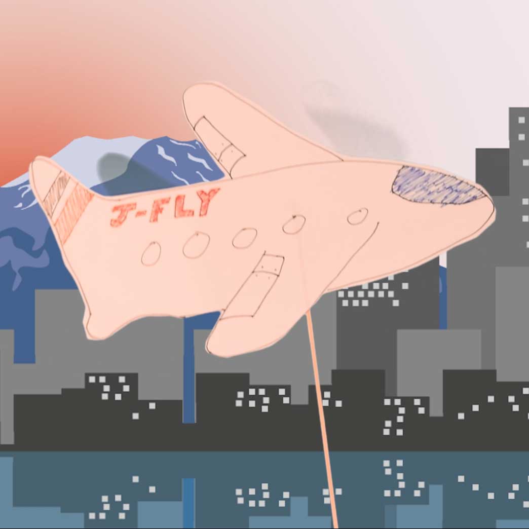 A paper plane on a stick flys in front of an illustration of a city.