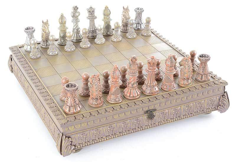 Product photo of a fancy chess board on a white background.